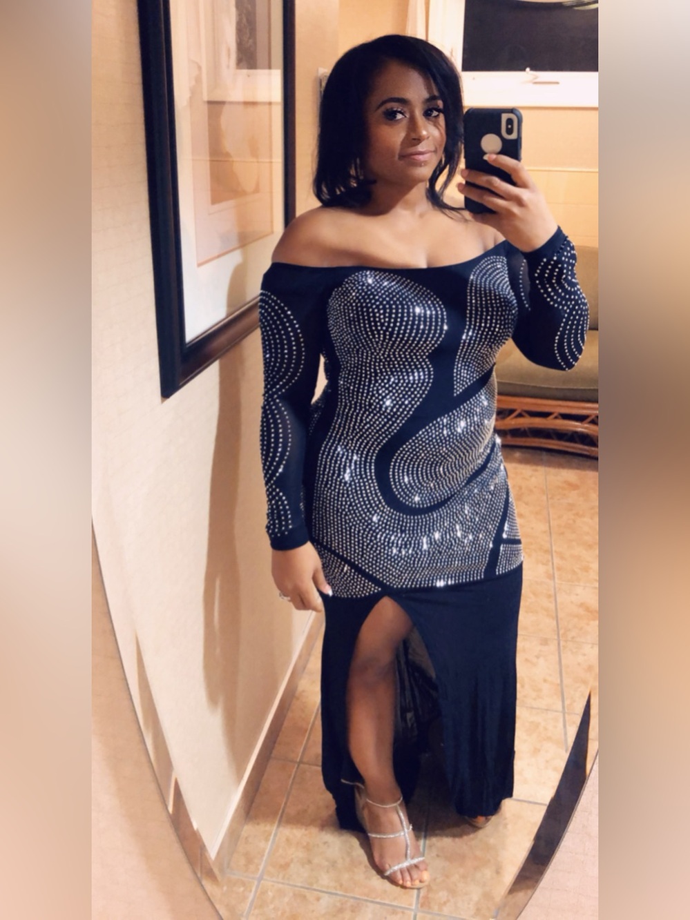 Off-Shoulder Black Rhinestone Asymmetrical Evening Dress